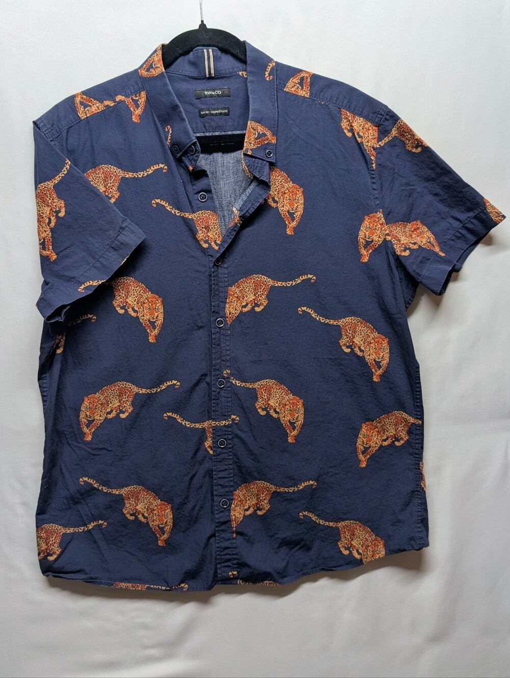RW&CO Short-Sleeve Navy Leopard Print Shirt Blouse